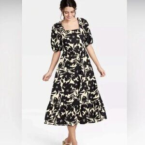 Who What Wear Cream Floral Women's XS Puff Elbow Sleeve Open Back Midi Dress